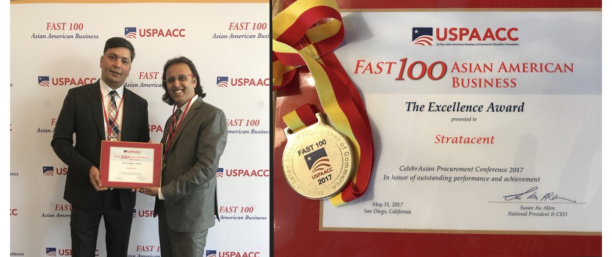 Stratacent's tweet photo. Humbled and honored to accept on behalf of the entire @Stratacent team the Fast 100 Asian American Business award at #USPAACC #CELEB17 https://t.co/LVz8X853j2