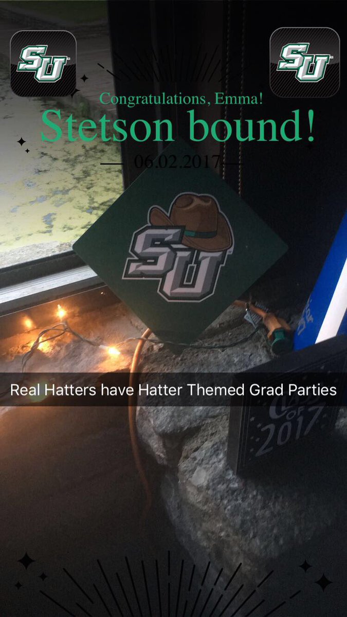 DHumphrey93's tweet photo. If you don't have a "Stetson bound" Geofilter at your grad party, are you really a Hatter? #GoEmma #CongratsEmma @emmaleach99 @StetsonU https://t.co/AJ5D7X1QMl