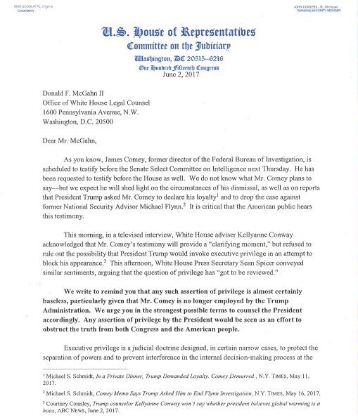 kylegriffin1's tweet photo. New: Top House Judiciary Dems warn Trump in a letter not to block Comey's testimony, say the public may view it as obstruction of justice. https://t.co/8HU4suSYeN