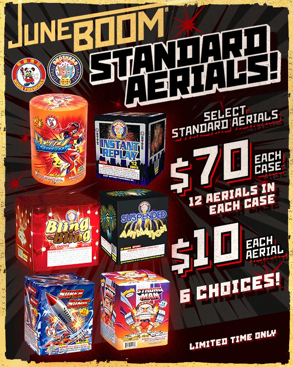 redapplefw's tweet image. 6 popular standard aerials from Brothers and Winda are $70 for a case of 12 or just $10 each!
#juneboom® #welovefireworks® #rockyourblock®