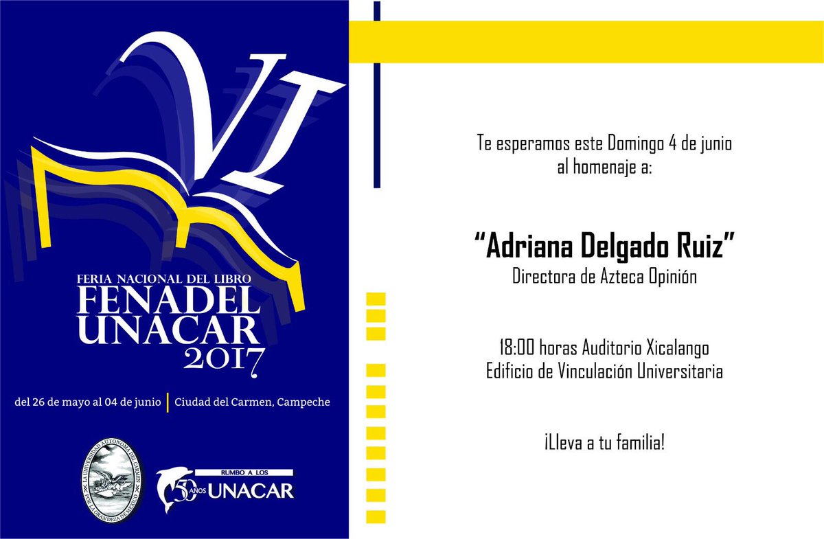 radiodelfin's tweet photo. Homenaje a la periodista Adriana Delgado en #FENADEL 2017. Domingo 04 de junio 18:00 h en auditorio del Centro de Vinculación Universitaria https://t.co/i3pWHfDLyz