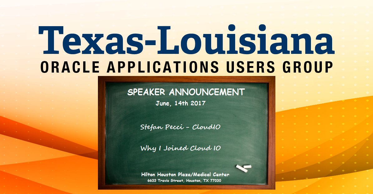 TLOAUG_Board's tweet photo. Don't Miss @stefanpecci presenting at #TLOAUG Oracle Apps Training Day Event - June 14th in Houston, TX. https://t.co/jpXfPmrpca https://t.co/xqKRIFEtoT