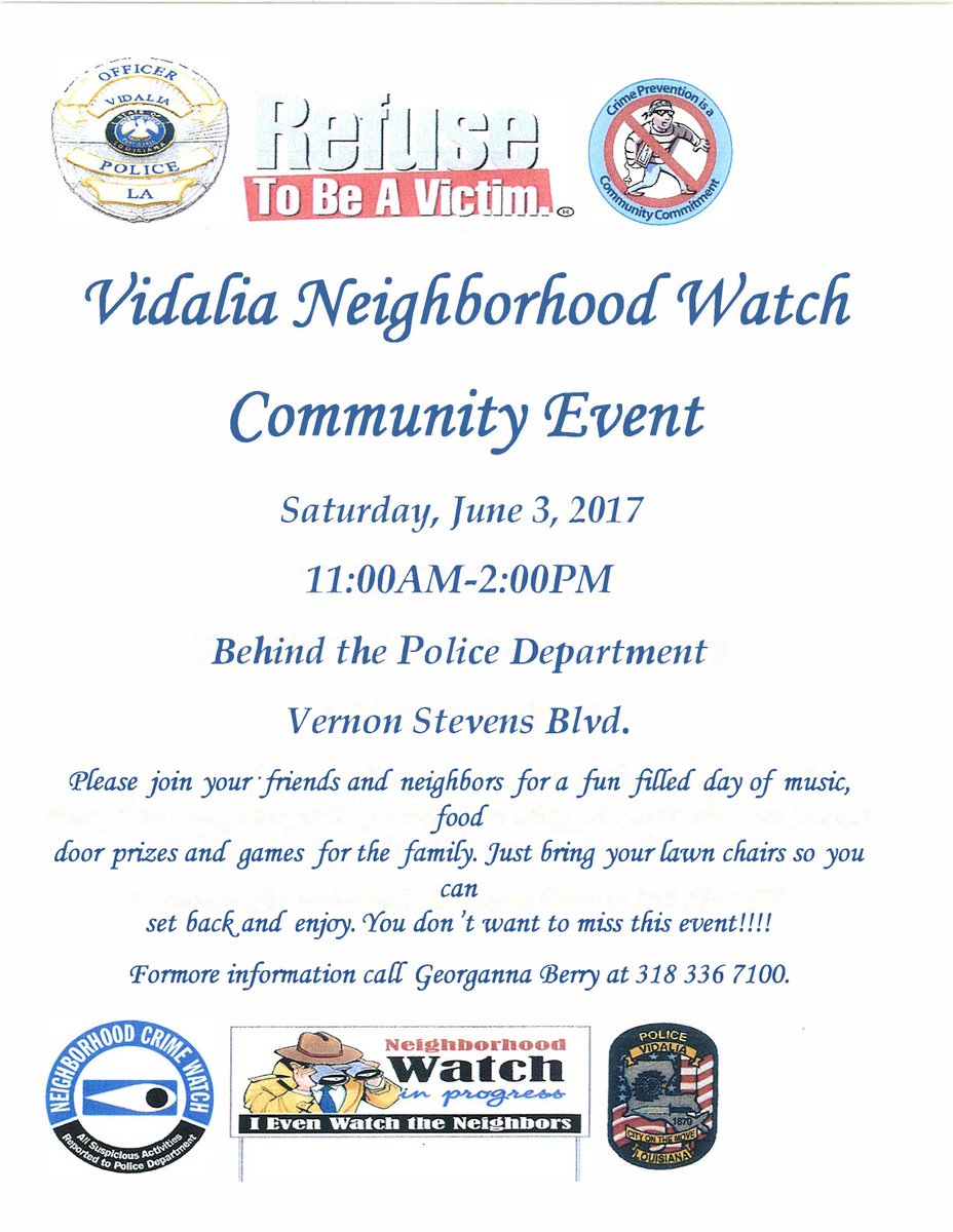 The location of Tomorrow's Neighborhood Watch Event has been changed to the pavilion behind the Police Department. Please spread the word!