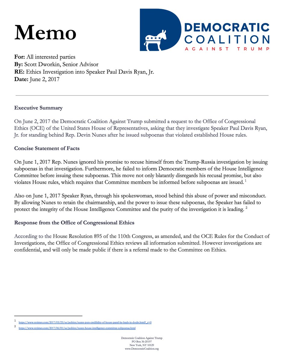 funder's tweet photo. #Breaking: Paul Ryan could end Rep Nunes obstruction of #TrumpRussia investigations-He's refusing-So we filed this ethics complaint on him. https://t.co/In0zRUes4F