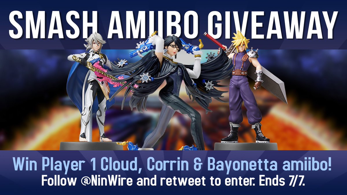 NinWire's tweet image. Win a Cloud, Corrin, &amp;amp; Bayonetta amiibo prize pack from Nintendo Wire. Follow and retweet to enter! Ends July 7th. Good luck!