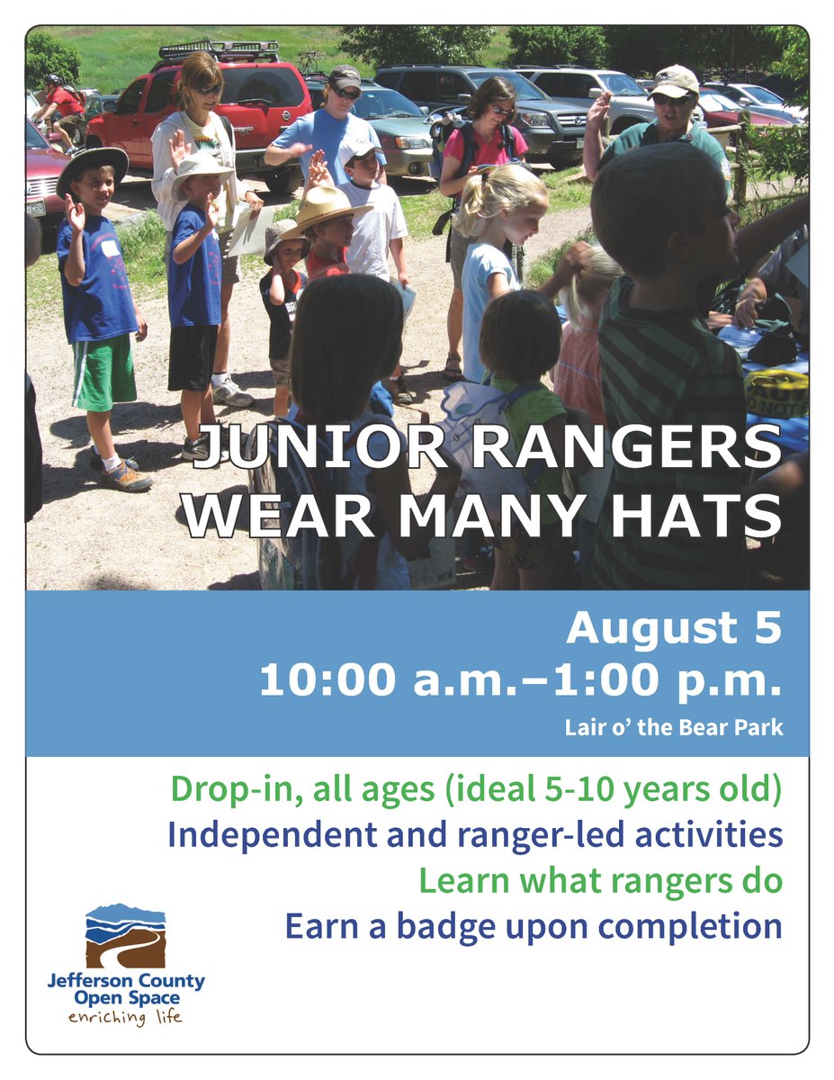JeffcoOpenSpace's tweet photo. Sat @ Lair o' the Bear Park: Jr. Rangers, Wear Many Hats. Games & badges for kids, drop in 10am-1pm. #JCOSRangers https://t.co/WIfbZ5uCb1