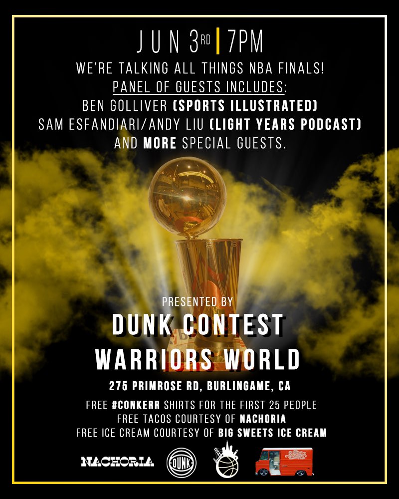 warriorsworld's tweet photo. Free #ConKerr Shirts, Tacos and Ice Cream. Slide thru tomorrow night at @DunkContest for some great Hoop talk and fun. https://t.co/yBwWTXXlmF