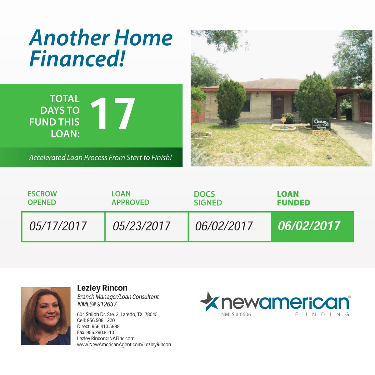 NAFLezley's tweet photo. We don't waste time! Our goal is to bring you #homeownership as quickly as possible! Here is another fast funding...17 days!  #NAFTexas https://t.co/TA0zhoX6eF