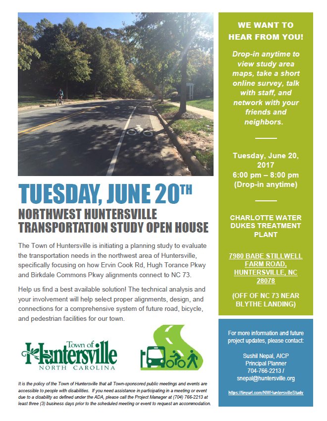 HuntersvilleGOV's tweet photo. We need your input on 6/20 at the NW Huntersville Transportation Study Open House. Learn more about the study: https://t.co/505zT2pVOe https://t.co/iWNGvtY5va