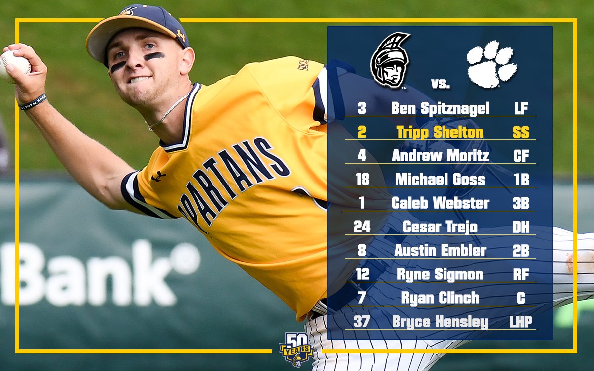 UNCGBaseball's tweet photo. Here's tonight's starting lineup as we take on the Clemson Tigers in today's Regional action! #letsggoG https://t.co/dCF88rY7oE