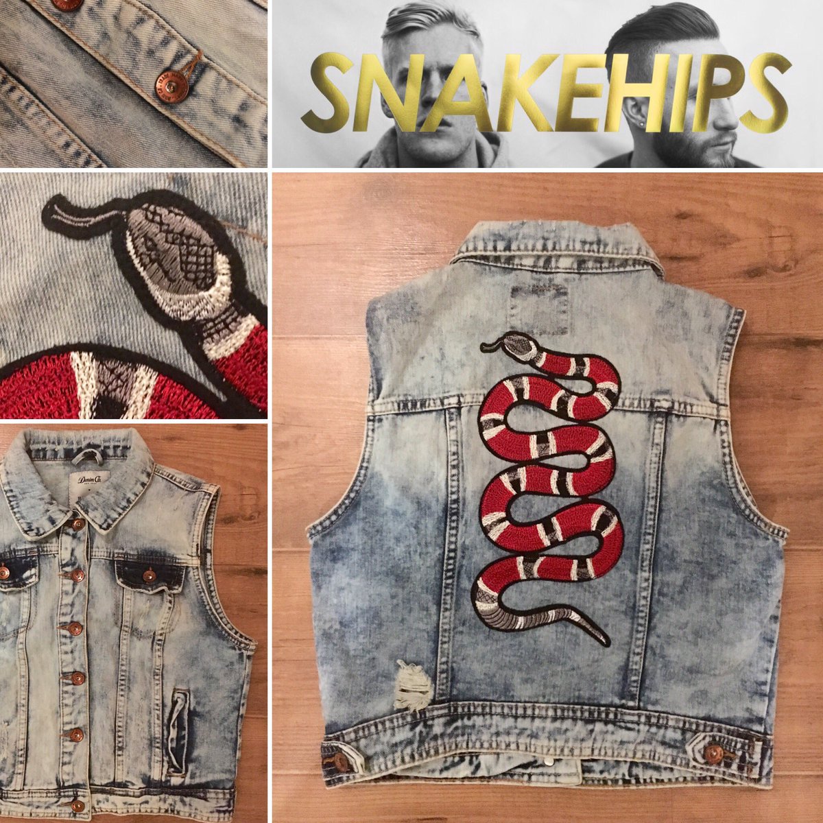 Snakebite-Sleeveless denim jacket embellished with embroidered snake design. Size 10. £29.99. #quintonclothing #denim #jacket #snake #style