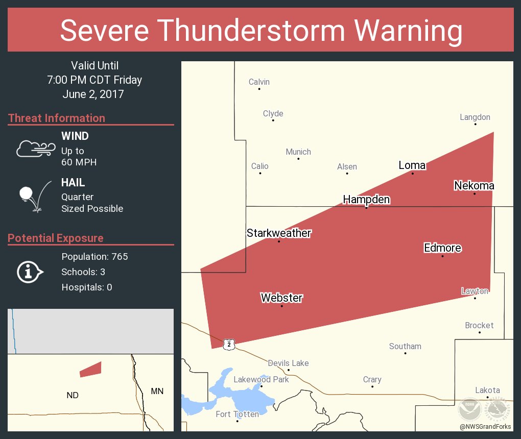 Severe Thunderstorm Warning including Edmore ND, Starkweather ND