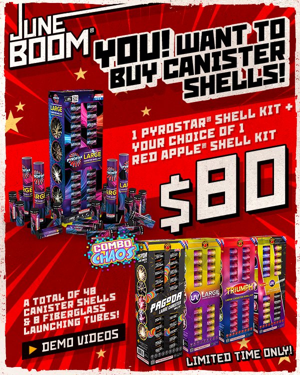 MCFireworks's tweet image. Get the ALL NEW Pyrostar® Large Canister Shell Kit + Your Choice of 1 Red Apple® Large Canister Shell Kit!
#JUNEBOOM #welovefireworks®