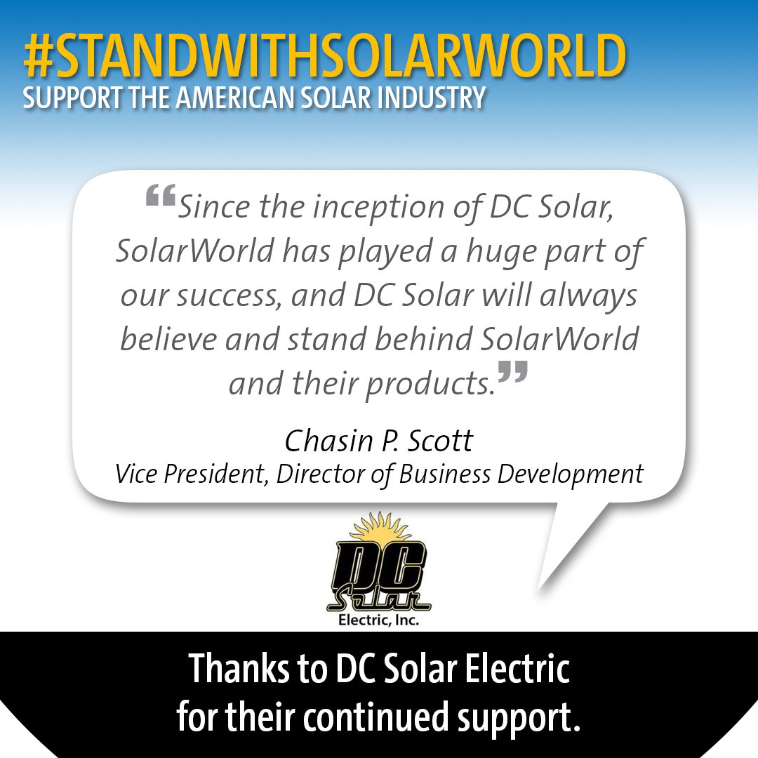 SolarWorldUSA's tweet photo. Thank you @dcsolarelectric for backing #SolarWorld and the US #solar industry. #StandWithSolarWorld #StandWithSolar. https://t.co/QGwJOUAIec https://t.co/ay2SIMeJA5