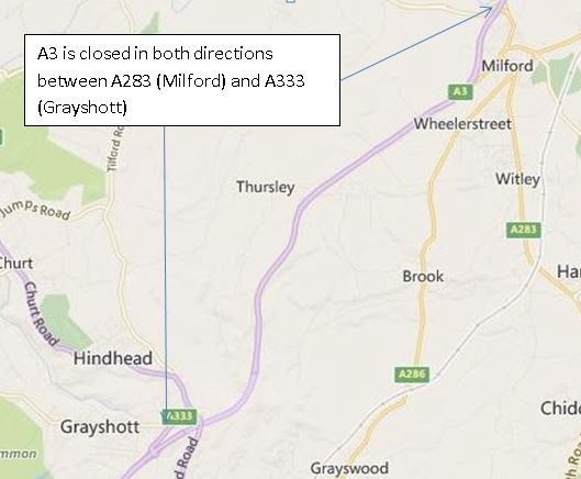 #A3 remains clsd both ways btwn #A283 #Milford + #A333 following a serious incident. <a href="/SurreyPolice/">Surrey Police</a> investigation ongoing, pls plan ahead.