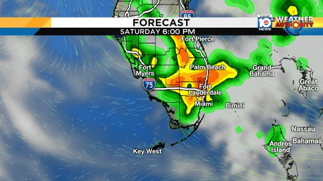 Forecast models show rain for the weekend. This model shows heavy rain over #SoFlo around 6 p.m Saturday. https://t.co/1YXGY6HIRb