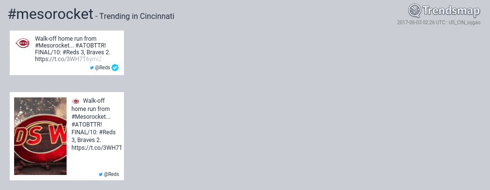 TrendsCincy's tweet photo. #mesorocket is now trending in #Cincinnati
https://t.co/UVjiEgJcOm https://t.co/0MdXNQp7Jo