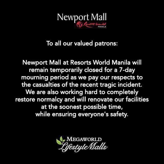PhilippineStar's tweet photo. ADVISORY: @newportmall_ at Resorts World Manila will remain temporarily closed for a 7-day mourning period due to Resorts World attack. https://t.co/qd9n2cR5lN