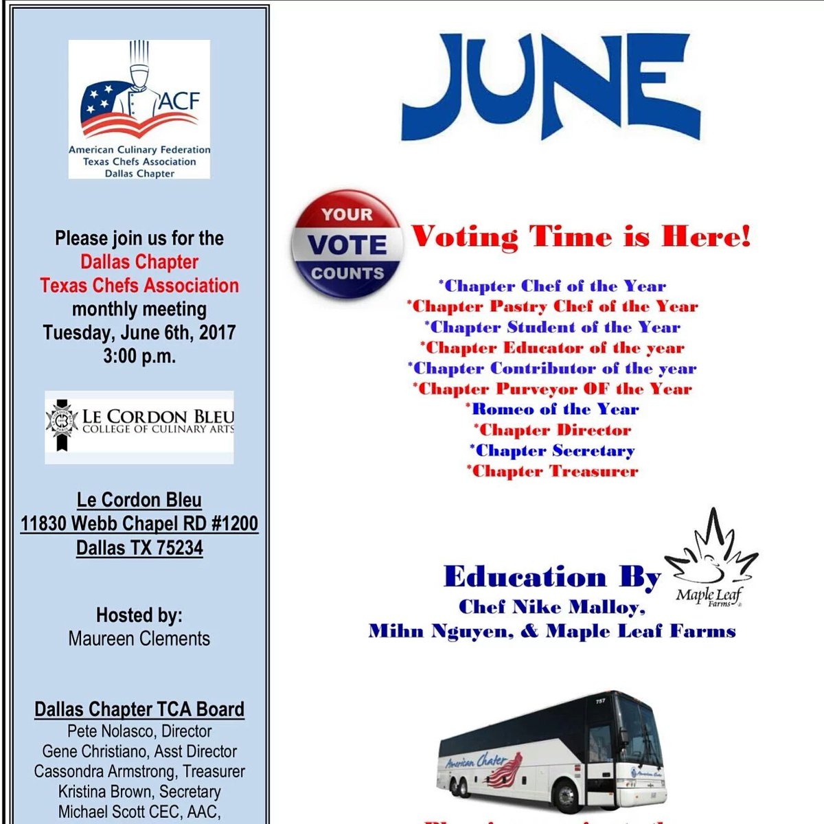Dallas_TCA's tweet image. June TCA meeting Tues, June 6th 3pm @lecordonbleu Dallas.  Voting time is here!