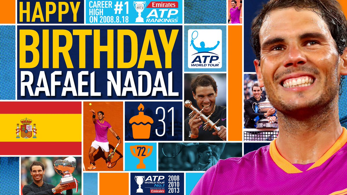 Join us in wishing <a href="/RafaelNadal/">Rafa Nadal</a> a happy 31st birthday! 🎉🎂 Read Tribute: bit.ly/2ruCRt4 #ATP