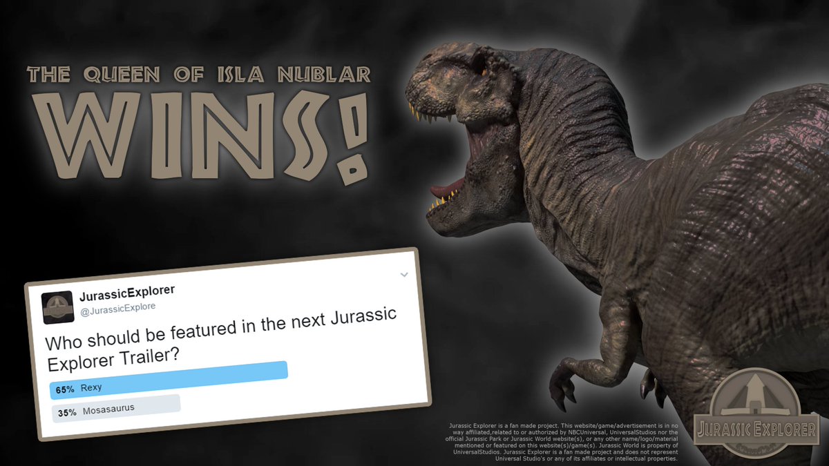 JurassicExplore's tweet photo. The results are in! REXY will be featured in the next Jurassic Explorer Trailer. Thank you to everyone who voted. #JurassicExplorer https://t.co/yOiLTxojjn
