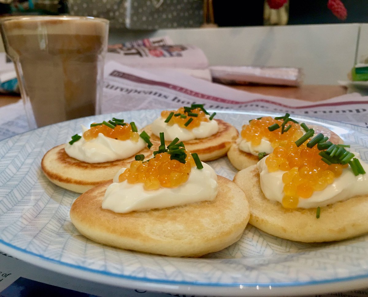 Home-made blini turned scrumptious with <a href="/YarValleyCaviar/">Yarra Valley Caviar</a> brook trout caviar + a big blob of <a href="/KingValleyDairy/">King Valley Dairy</a> creme fraiche #bliss