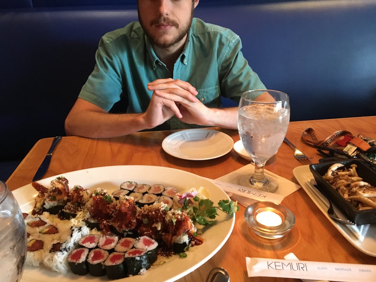 CaitlynnBeth's tweet photo. Well friends, I missed out on national donut day. But @NoahAmbos did buy me this big plate of sushi. You can tell he's very excited 😉🍣 https://t.co/PgE5IXaavr