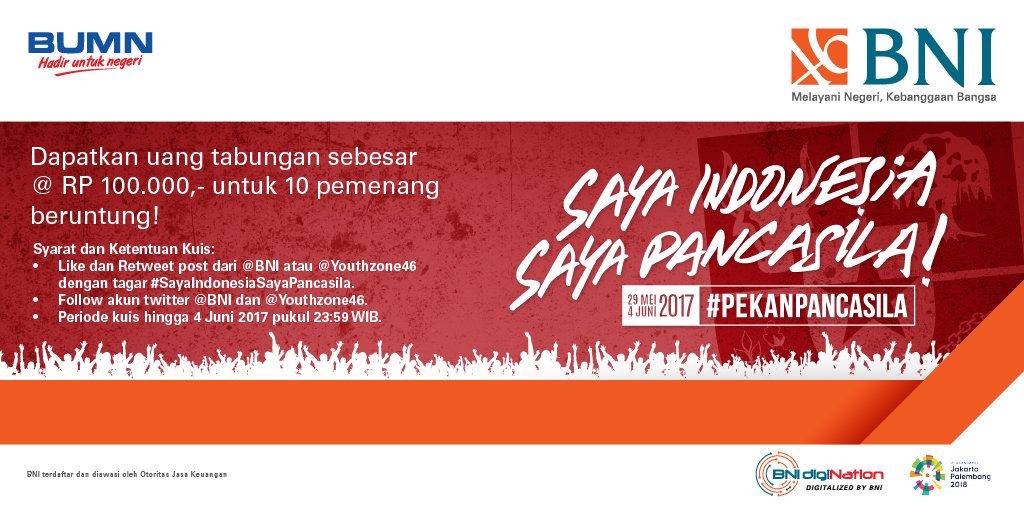 BNI's tweet photo. Sore, tweeps!
Sambil menunggu waktu berbuka, yuk ikutan Kuis #SayaIndonesiSayaPancasila!
Kamu bisa memenangkan tabungan BNI senilai Rp100k! https://t.co/PypebNdPak