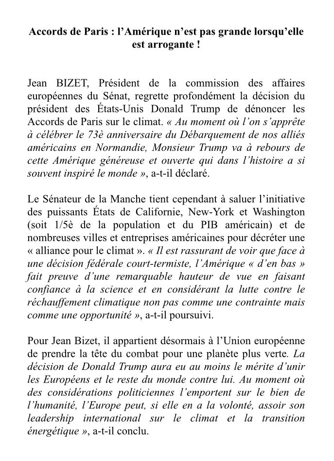 🔹COMMUNIQUÉ🔹
Accords de Paris : l'Amérique n'est pas grande lorsqu'elle est arrogante !