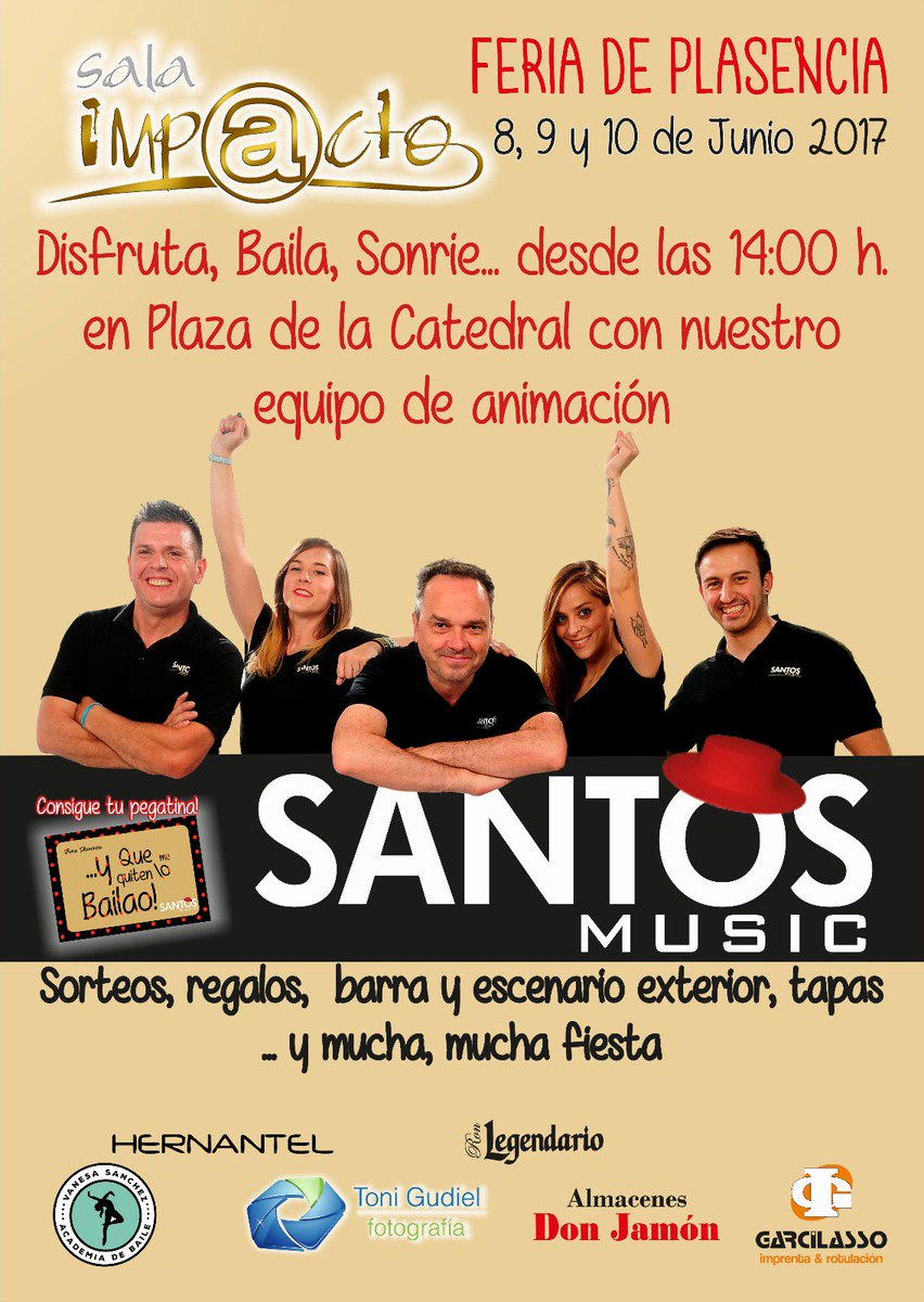 Lo estamos preparando todo !!
#feriasantosmusic #Yquemequitenlobailao
<a href="/discoimpacto/">Sala Impacto</a>  <a href="/Imp_Garcilasso/">Garcilasso Imprenta & Rotulación</a> <a href="/ronlegendario/">Ron Legendario</a> <a href="/jamonplasencia/">Almacenesdonjamon</a>