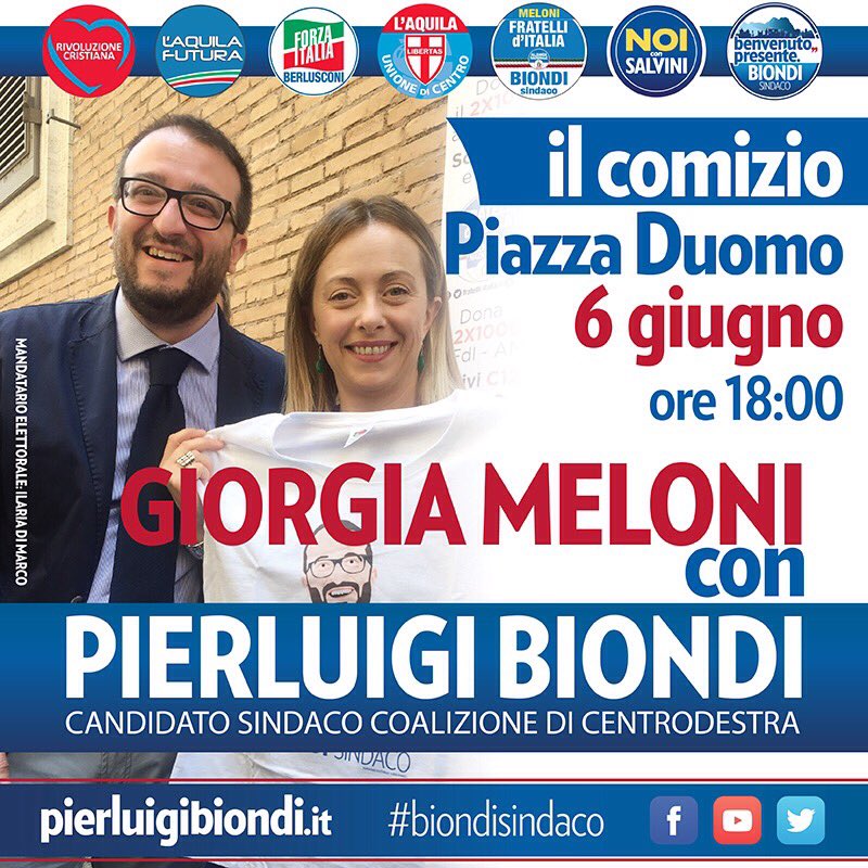 Martedì 6 in Piazza Duomo #laquila comizio con <a href="/GiorgiaMeloni/">Giorgia Meloni</a> e con donne e uomini che hanno deciso di mettersi #inmoto. Vi aspetto!