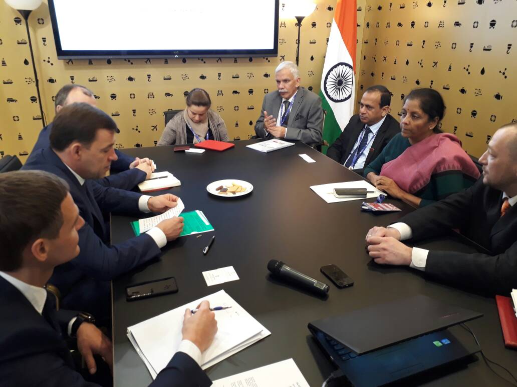 Smt @nsitharaman meets the Hon Governor of Sverdlovsk, #Russia 🇷🇺 , Mr Yevgeny Kuyvashev in #StPetersburg #SPIEF2017