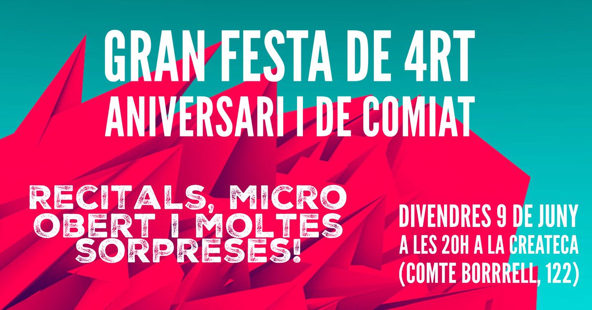 Més de 30 poetes i 5 músics confirmats per la festa de 4rt aniversari i de comiat de La Poeteca! No us ho perdeu! <a href="/la_createca/">Els de la Createca 🎗</a>