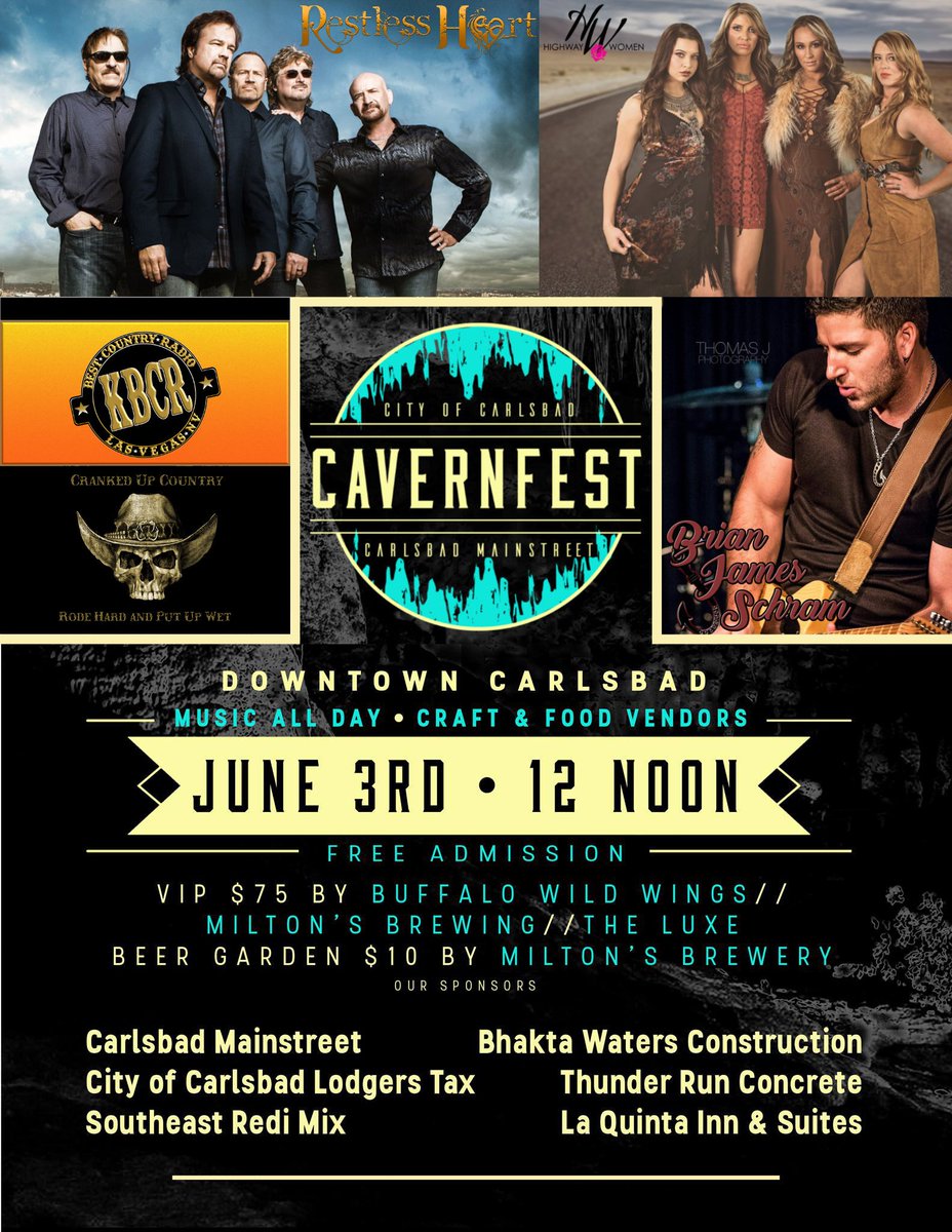 BstCountryRadio's tweet photo. We will in downtown #Carlsbad all day today for #Cavernfest w @CrankedUpLive @RWWOfficialPage @brianjschram @highwaywomen @RestlessHeart__ https://t.co/kyjMiQdkMl