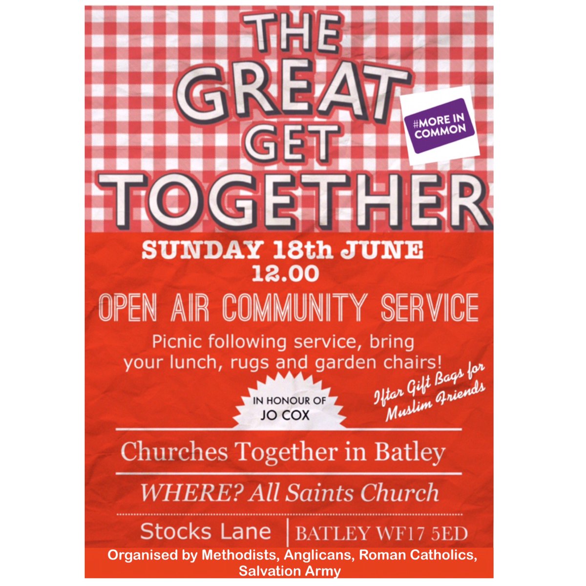 MarkUmpl's tweet photo. Please come to #Batley's #GreatGetTogether Community Service & Picnic
Sunday 18th June @ 12 Noon -outside @Batley__parish Church
All Welcome https://t.co/ezPXWOGcs2