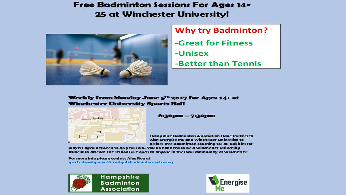 Free badminton for people aged between 14-25 @ Winchester University! Starts at 6:30pm! If you have never played, no problems, just turn up!