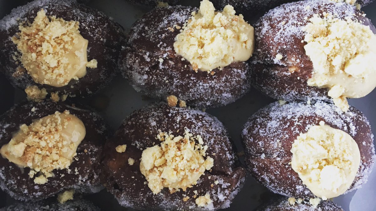 JamVsCustard's tweet photo. Millionaire doughnuts = chocolate dough + salted caramel + homemade shortbread 🍩 coming to @stirchleymarket on Tuesday from 4pm! https://t.co/zDR2FU9o1W