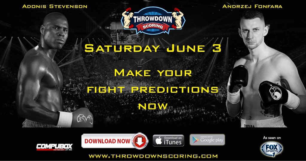 Throwdownscore's tweet photo. @garnekmedia Download the @Throwdownscore app to make your fight predictions. #StevensonFonfara2 https://t.co/cqjGrW6ahc