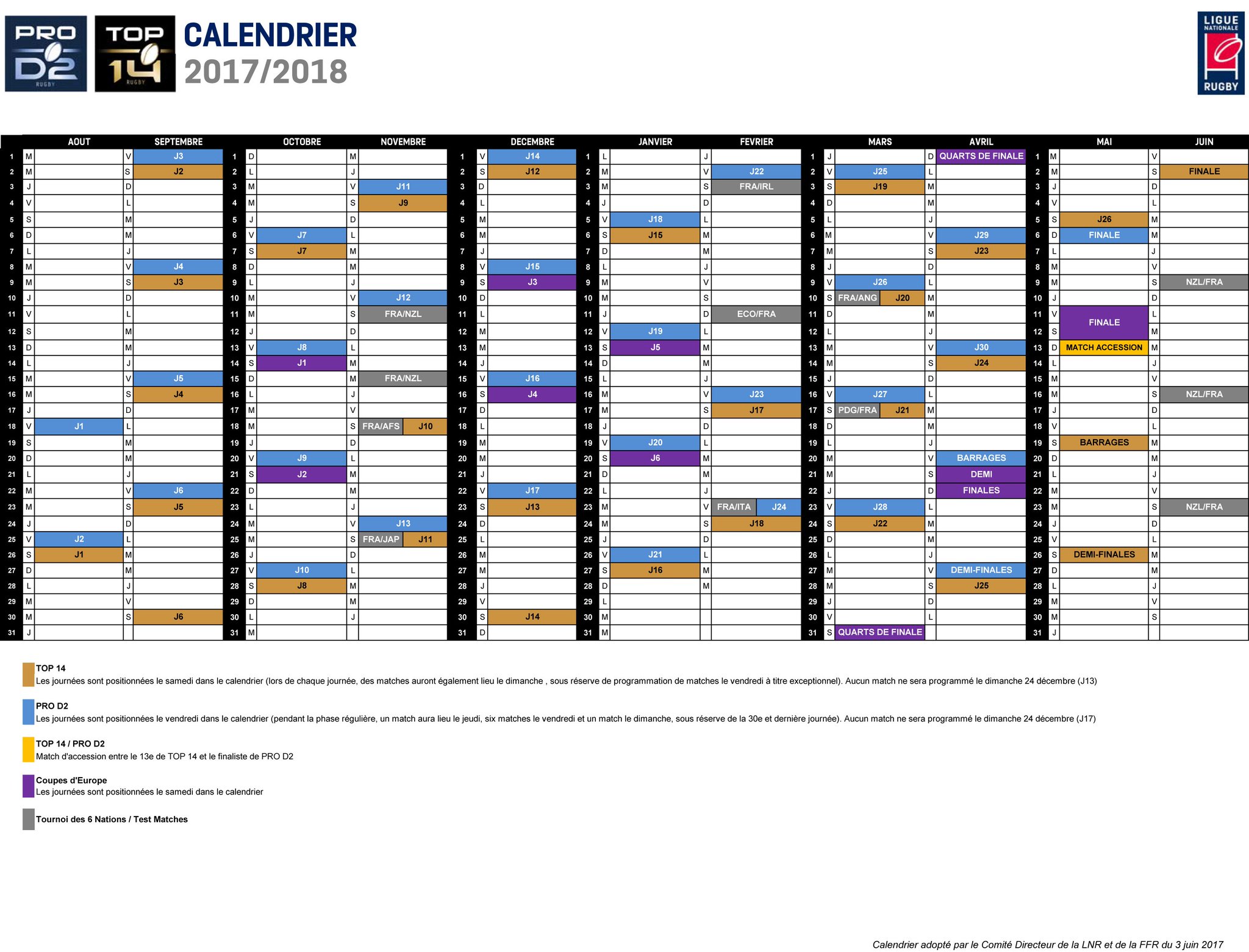 Calendrier UBB 2017-2018