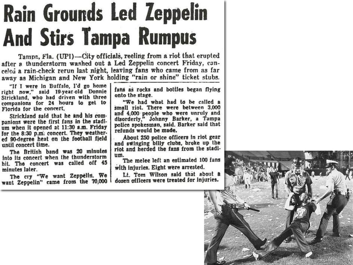 OTD in 1977, Fans riot at Tampa Stadium at a Led Zeppelin concert when ...