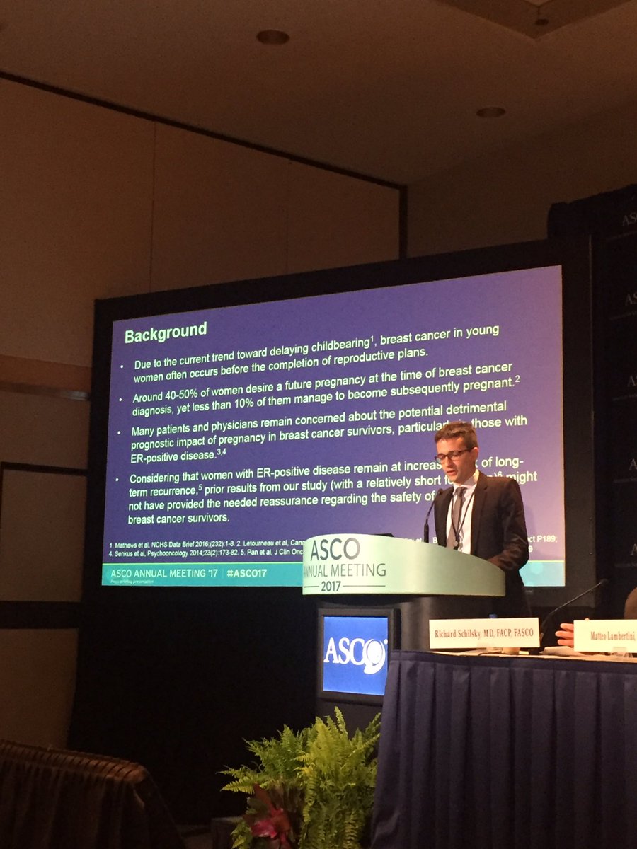Matteo Lambertini of @JulesBordet reporting #pregnancy after #breastcancer does not increase chance of #CancerRecurrence #ASCO17