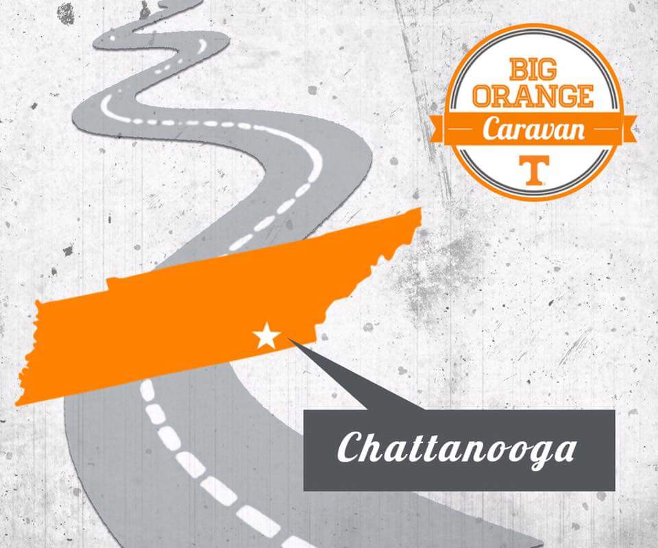 ShakeNeyland's tweet photo. The 2017 Big ORANGE Caravan is headed to Chattanooga today! Get inVOLved and come out to meet the coaches. #VolsCare #VolsHelp https://t.co/FNsdiHpP1F