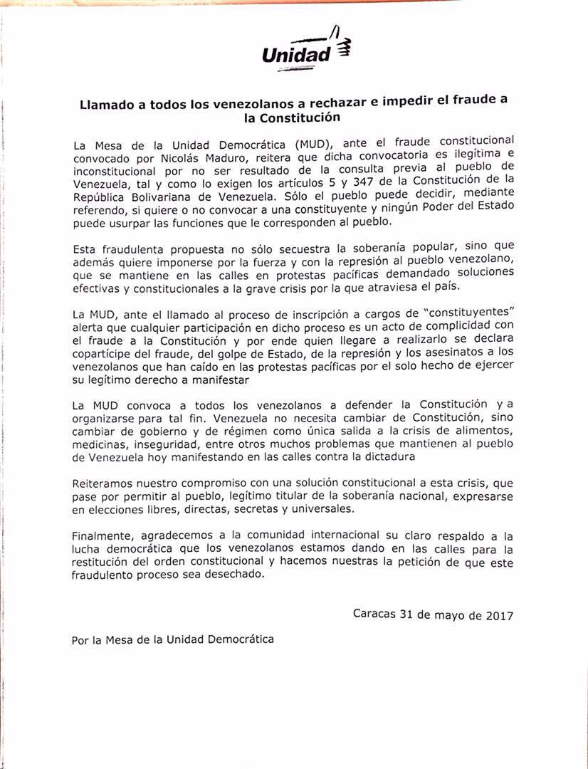 partidoUNT's tweet photo. Desde la Unidad hacemos un llamado a todos los venezolanos a rechazar e impedir el fraude a la Constitución https://t.co/dVkXGEBQ5j