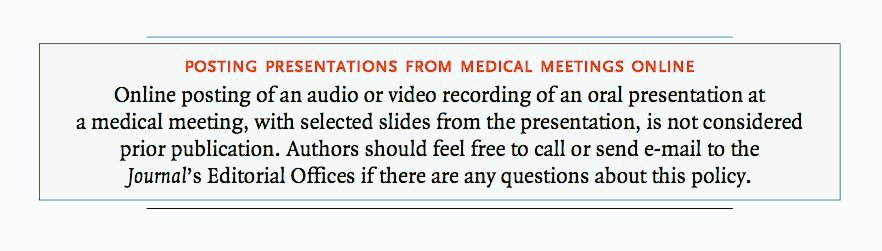 rahatheart1's tweet photo. From @NEJM: Posting of slides from conferences does not equate to prior publication! https://t.co/VkX8Oz5TdS