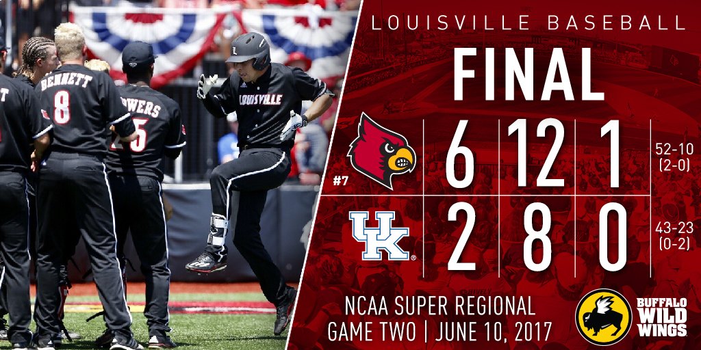 No.7 Louisville 6, UK 2 FINAL, NCAA Super Regional. <a href="/UofLBaseball/">Louisville Baseball</a> sweeps rival, advances to @NCAACWS for 3rd time in 5 years. #L1C4