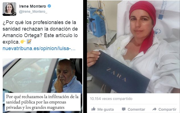 A la izquierda, una secta destructiva.
A la derecha, una paciente de cáncer agradeciendo a Amancio Ortega sus donaciones.