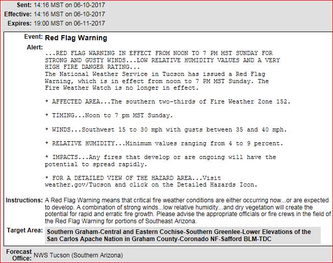 CCFirenIncident's tweet photo. #REDFLAGWARNING 1200-1900 SUNDAY STRONG #GUSTYWINDS #LOWRELATIVEHUMIDITY #VERYHIGHFIREDANGER #AzWx #NWSTucson https://t.co/M8EtzLfCR4