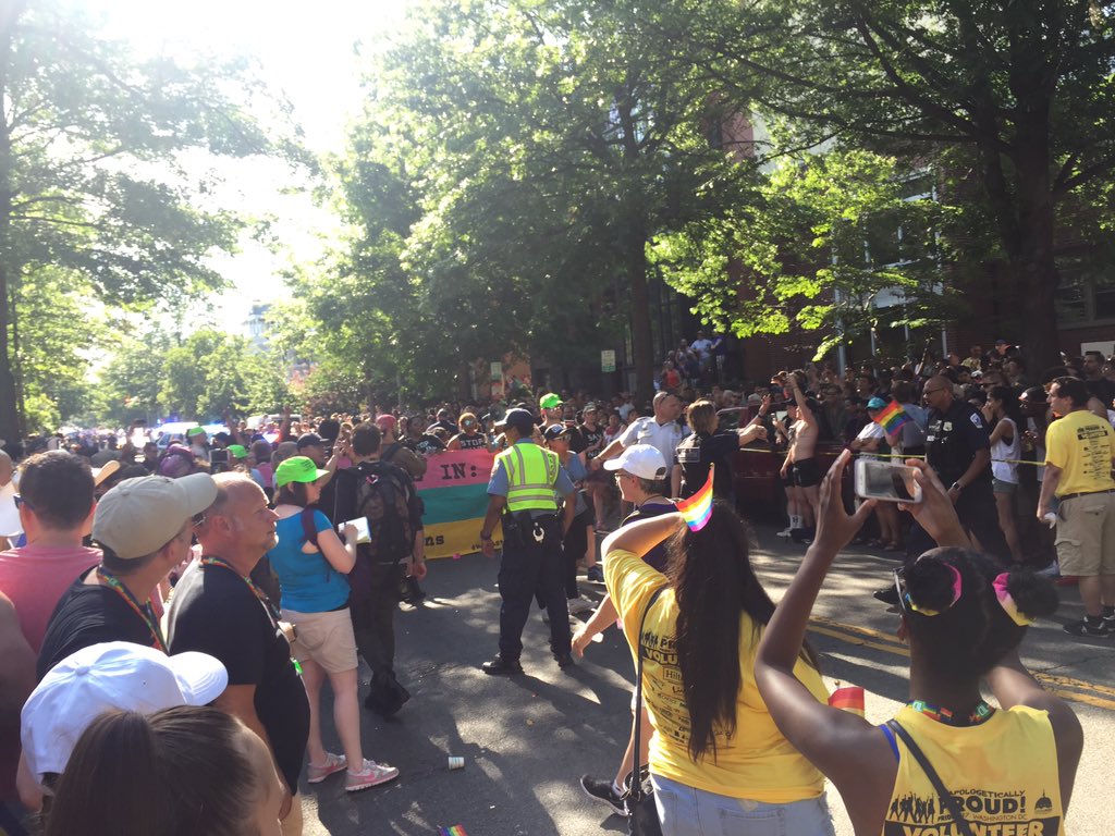 GetEQUAL's tweet photo. RIGHT NOW: #NoJusticeNoPride, including GetEQUAL activists halt @CapitalPrideDC parade -- see demands here: https://t.co/0ziNSQBeMA #DCPride https://t.co/vDxH37G6uH