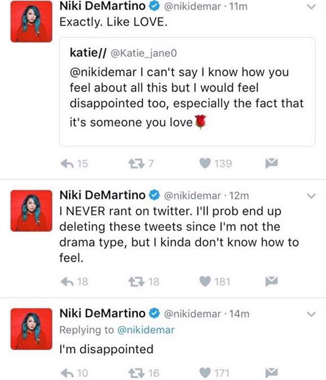 mixedirection_'s tweet photo. why did @/nikidemar think Halsey is copying her when Halsey didn't even follow her or know who she was before all this shit? https://t.co/2b28Kap59o