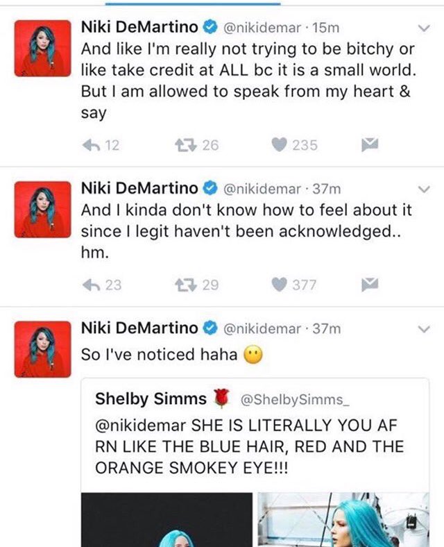 mixedirection_'s tweet photo. why did @/nikidemar think Halsey is copying her when Halsey didn't even follow her or know who she was before all this shit? https://t.co/2b28Kap59o